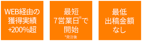 獲得実績＋２００％超、最短7営業日で開始、最低出稿金額なし