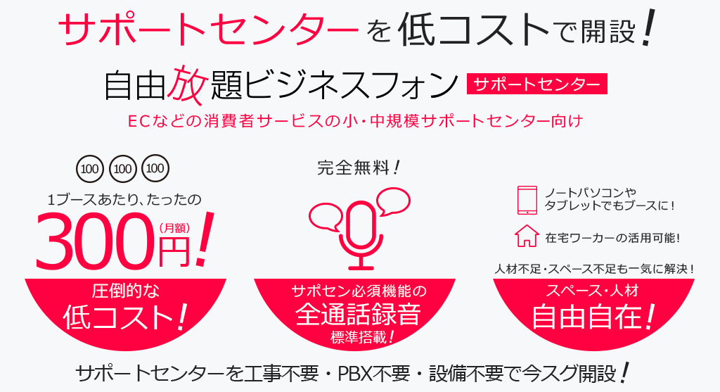 【サポセン】サポートセンターを工事不要・PBX不要・設備不要で今スグ開設！１